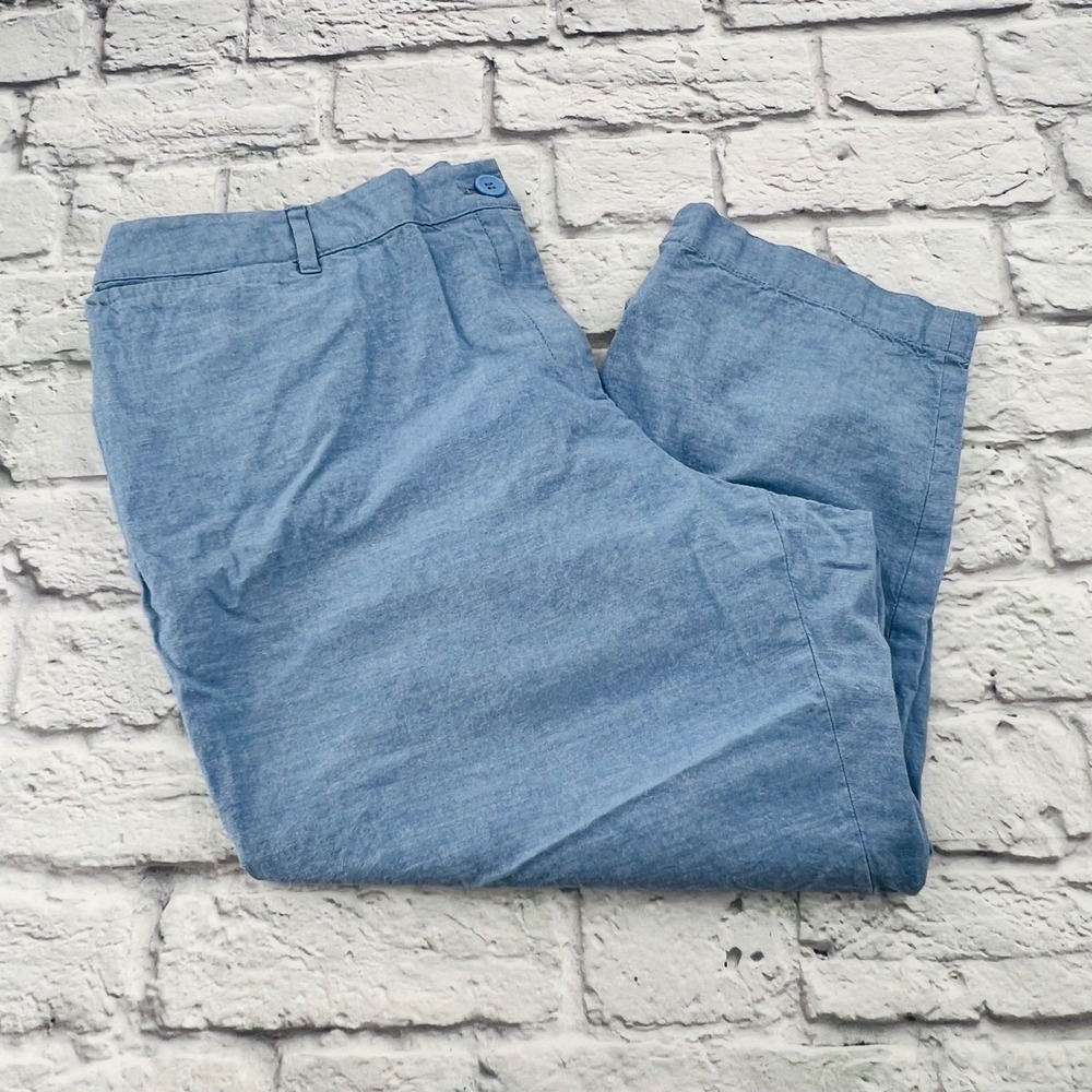 Linen Blend Cropped Capri Pants Light Blue Button Tab Hem Womens 16.5W 22I